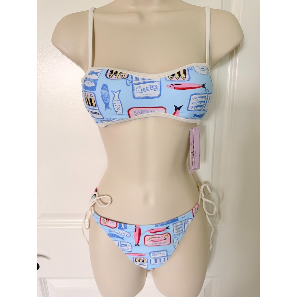 Wild Fable Sardine Tinned Fish Bikini Set Top XXS Bottom Medium Blue NWT